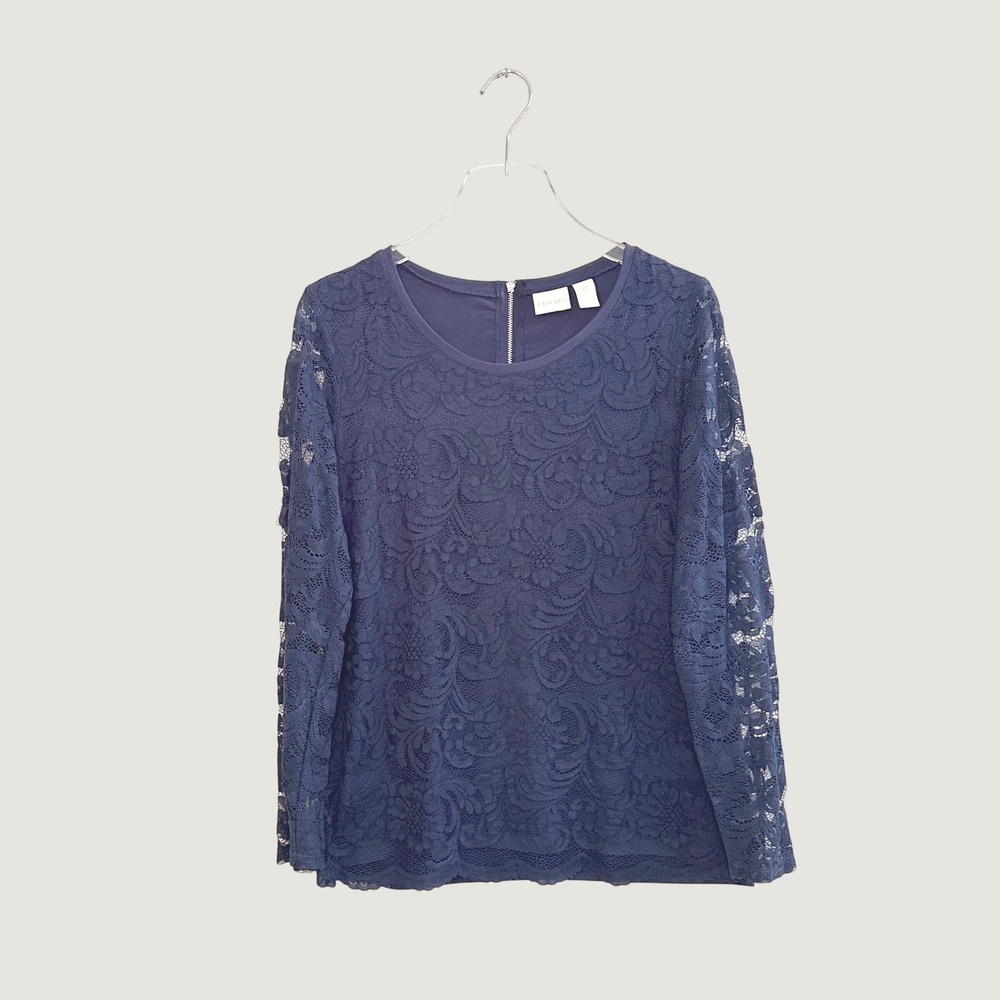 Chicos Navy Feminine Floral Lace Whimsy Overlay Long Sleeve Top Small  Zip Back